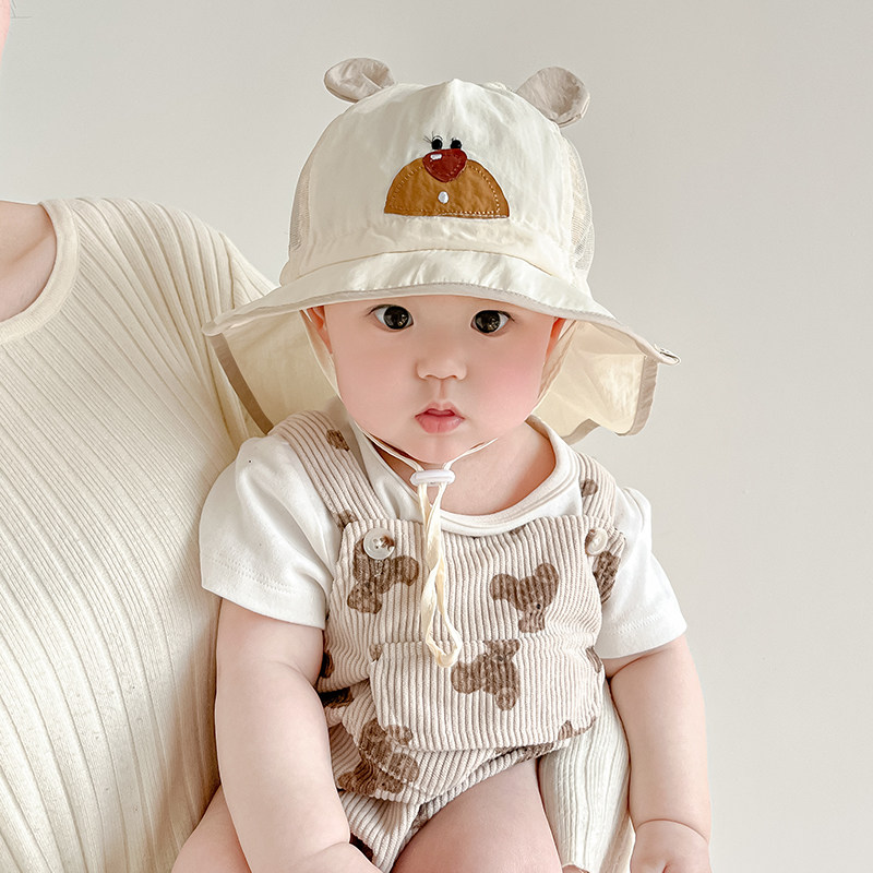 婴儿大帽檐披肩渔夫帽夏天透气网眼宝宝帽子小孩速干防晒帽遮阳春