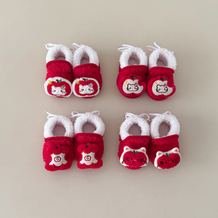 红色婴儿软底鞋步前鞋满月百天周岁圣诞宝宝学步袜地板袜过年新年