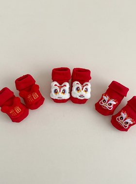 宝宝地板袜红色满月婴儿学步鞋袜中筒鞋新生儿袜子春秋款冬季百天