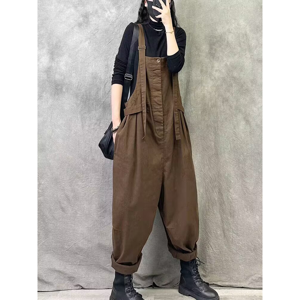 日系松松弛纯色工装背带裤女秋季新款高腰宽松阔腿显瘦休闲连体裤