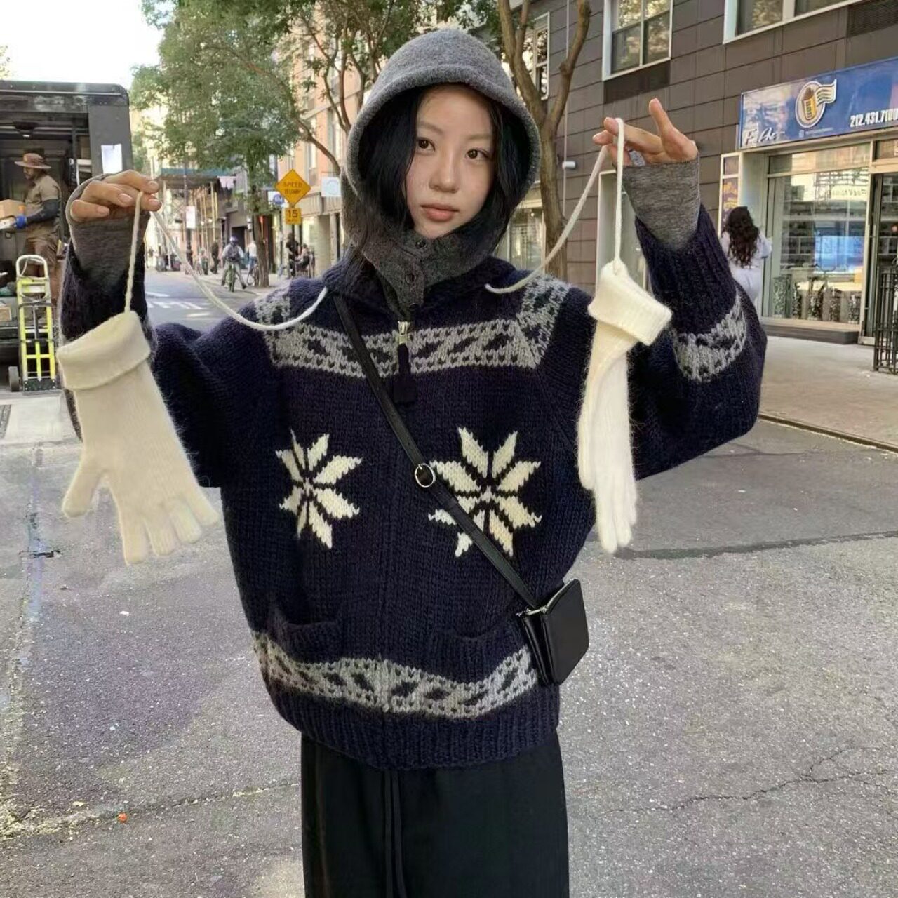 INS韩国小鹿雪花圣诞氛围感拉链毛衣外套女冬季羊毛针织衫