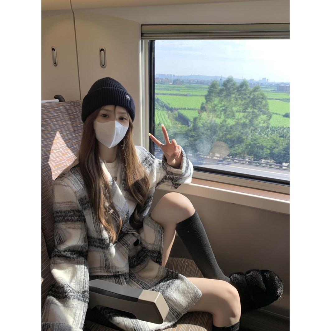 复古黑白格子双排扣西装毛呢外套女秋冬高级感宽松超好看呢子大衣