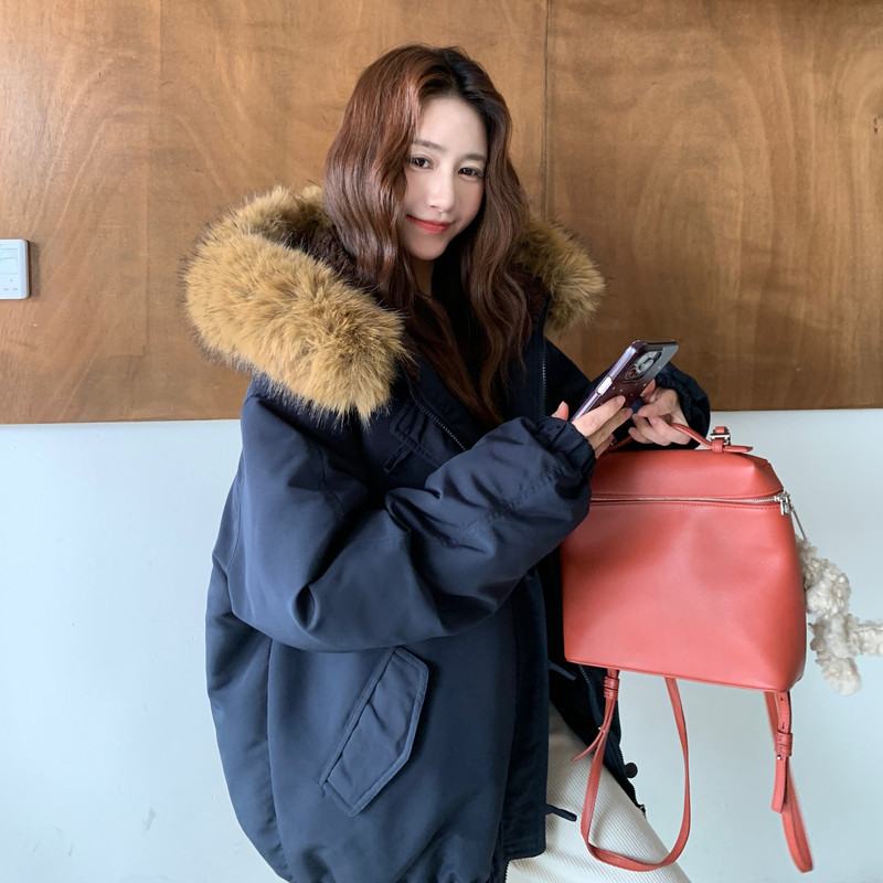 韩版牛角扣大毛领连帽棉服外套女中长款冬季韩系小个子加厚派克服