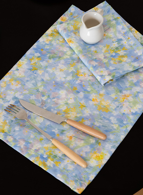 蓝色花影纯棉餐垫防水防油隔热垫氛围感餐桌垫西餐餐垫家用餐巾