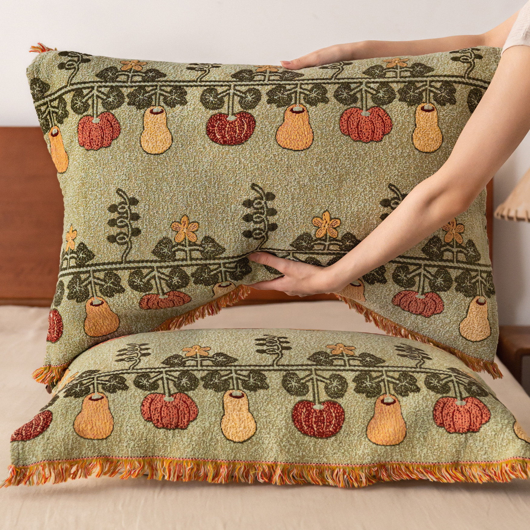 流苏南瓜藤蔓纱布枕巾纯棉a类四季通用透气舒适枕头巾一对防头油