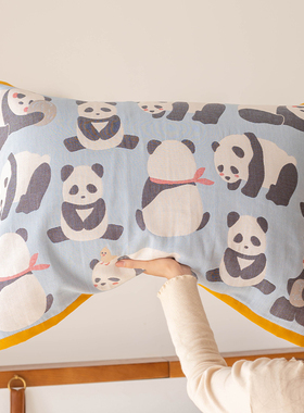 蓝色熊猫枕巾纱布一对装棉四层吸汗单人新款枕头巾情侣家用