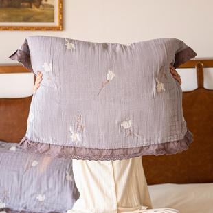 加大防头油全棉高档 纯棉一对装 白玫瑰紫色花边枕巾韩式 2024新款