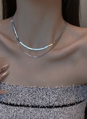 银色双层日常叠戴蛇骨项链女甜酷