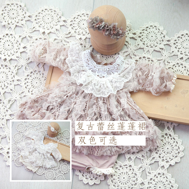 儿童摄影裙子新生儿满月宝宝百天摄影蕾丝复古裙套装影楼摄影道具