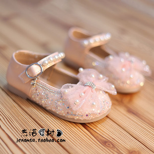 洋气圆头皮鞋 公主鞋 软皮粉色2025新款 夏秋款 女童配礼服亮片水晶鞋