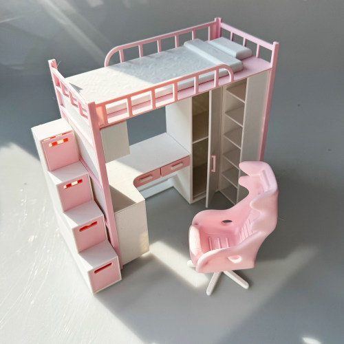 RHF218 3D打印娃娃屋高架床书桌套装  电竞椅 BJD 粉白色微缩家具