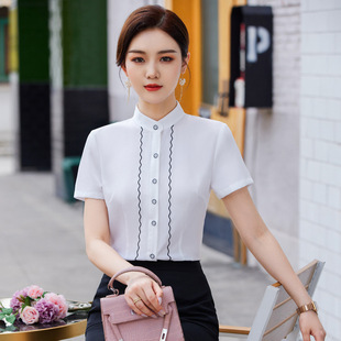 女短袖 正装 韩版 酒店前台白色衬衣2025夏新款 工作服 OL修身 职业衬衫