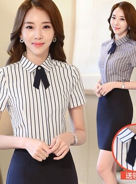 酒店前台工作服夏装女餐饮收银服务员短袖衬衣美容院制服职业套装