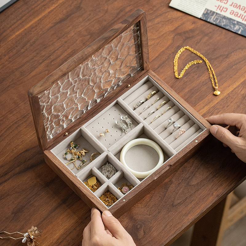 黑胡桃木水波纹玻璃国风首饰盒