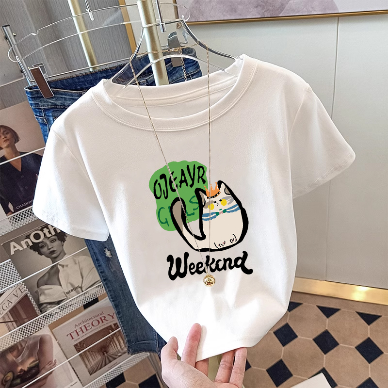 正肩纯棉短袖T恤女圆领白色上衣时尚百搭减龄显瘦洋气内搭夏季潮