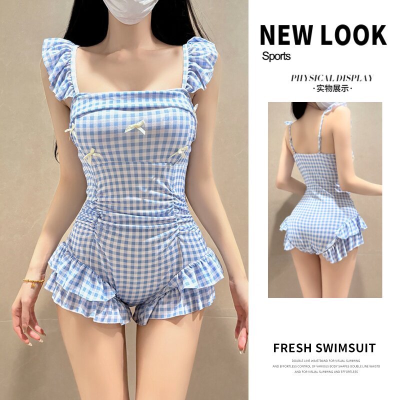 游泳衣女连体2026新款甜美小清新蓝色格子荷叶边高颜值泡温泉泳装
