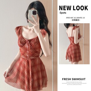 保守格纹高级感2026新款 韩版 ins风连体泳衣女泡温泉遮肉显瘦裙式