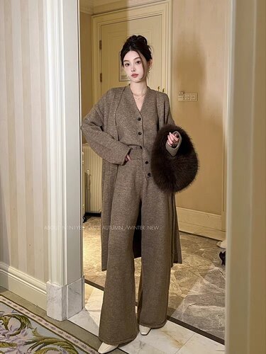 专柜正品中长款慵懒风针织开衫套装女初秋显瘦宽松直筒裤子三件套