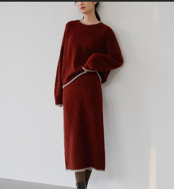 素典复古美拉德毛衣针织衫套装秋冬新款撞色花边气质半身裙两件套