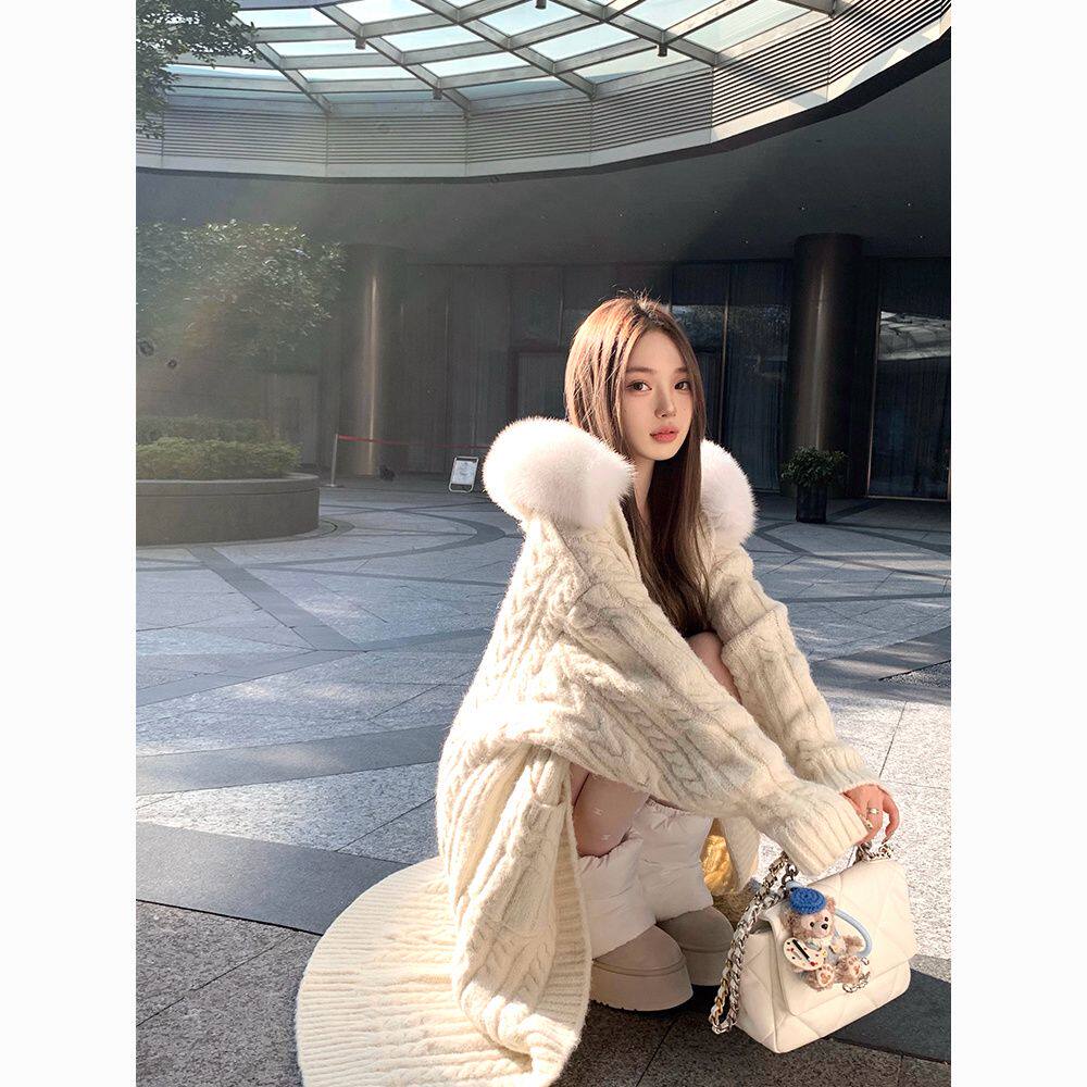 加厚大板型毛衣外套女秋冬季新款宽松慵懒风小众设计感中长款开衫