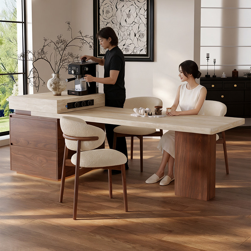 洞石岩板岛台餐桌一体可伸缩家用中古风胡桃色开放厨房餐厅中岛台,住宅家具,岛台餐桌,淘宝优惠券,粉丝福利购,淘宝优惠卷