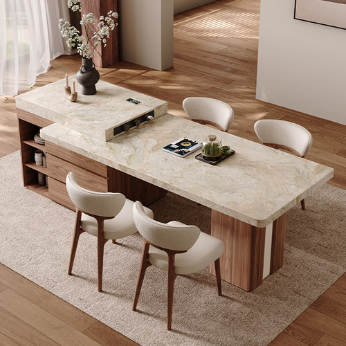 莫奈花园下挂岩板错位岛台餐桌