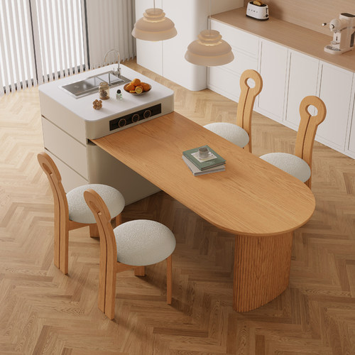 实木岛台餐桌一体日式奶油风