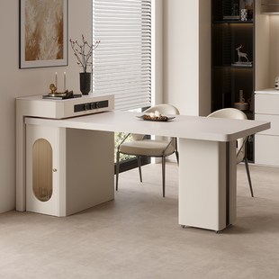 法式 奶油风岩板岛台餐桌一体可伸缩家用小户型客厅高端全实木倒台