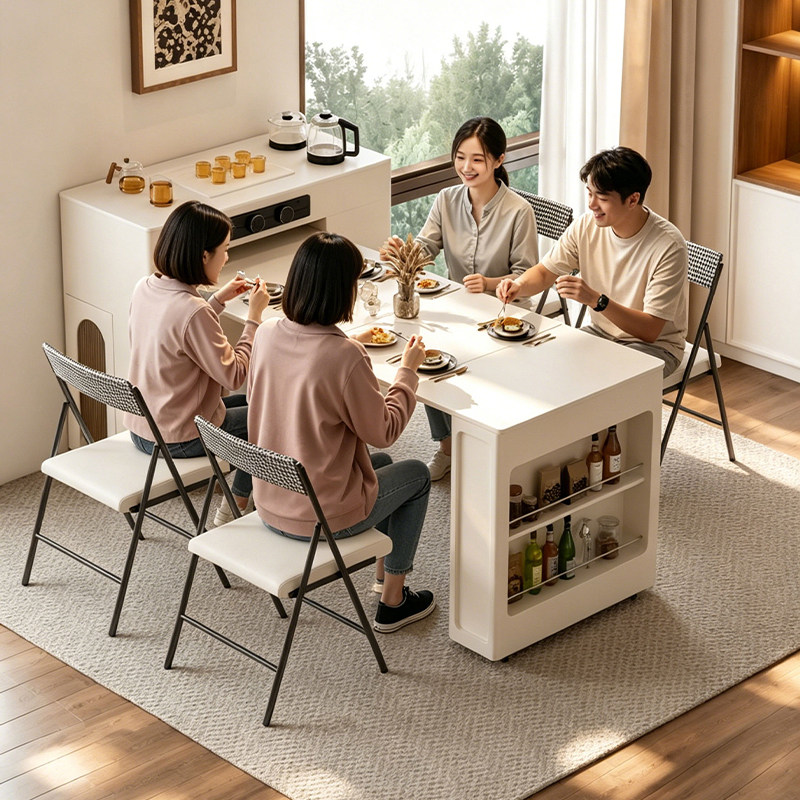 奶油风岛台餐桌一体可伸缩折叠家用实木餐边柜茶水柜小户型吧台桌