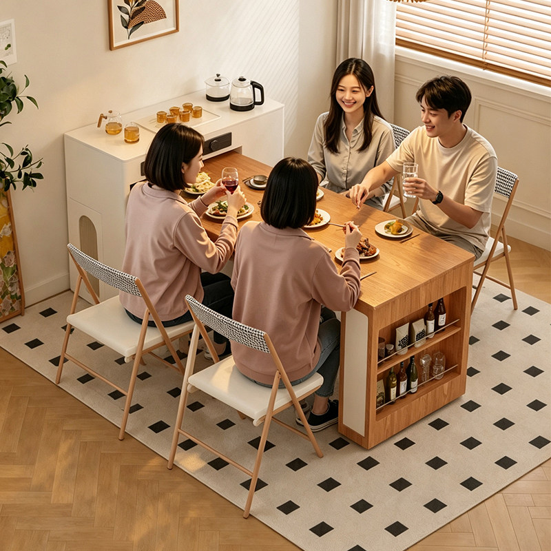 原木风岛台餐桌一体可伸缩折叠家用实木餐边柜茶水柜小户型吧台桌