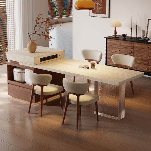 洞石下挂岩板岛台餐桌一体亚克力