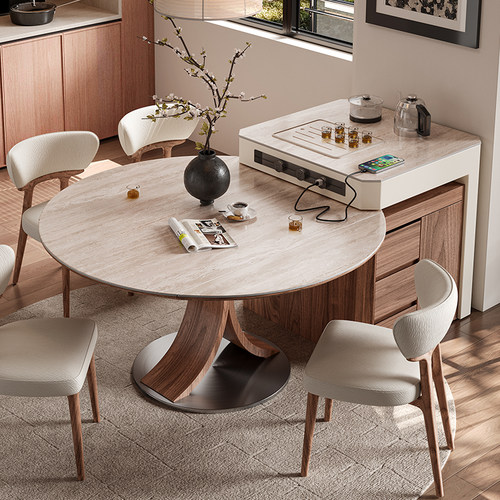 中古风岩板分离式岛台圆餐桌一体