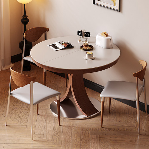 白色岩板折叠圆餐桌中古风包豪斯