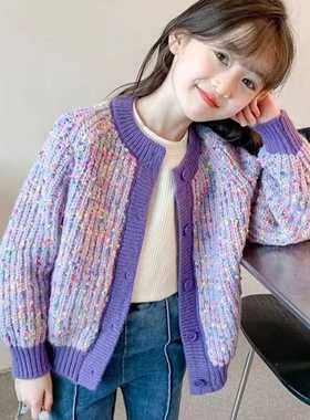 儿童针织开衫毛衣女童外套春秋款新款秋装童装女孩秋冬紫色粒