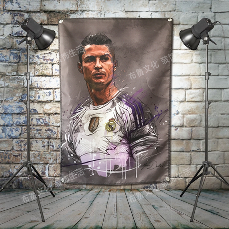 来图定制 手绘c罗足球世界杯挂旗装饰挂布主题酒吧工作室背景墙饰