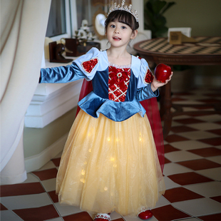 白雪公主裙秋冬长袖女童高端丝绒蓬蓬裙子儿童生日晚礼服演出长裙