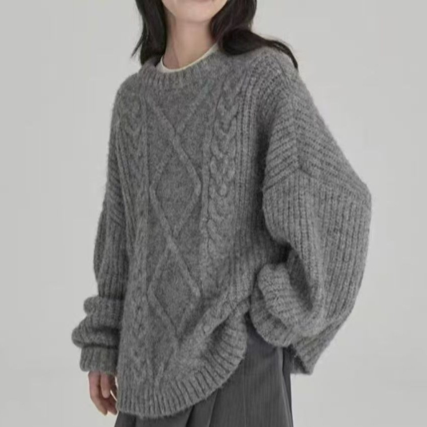 韩版复古慵懒套头毛跨衣女秋冬新款境麻花圆领松宽休闲针织衫上衣
