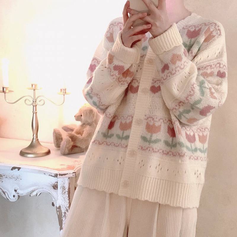 秋短款外套古郁金香日系毛衣女韩版宽松慵懒风复温柔春设计感小众