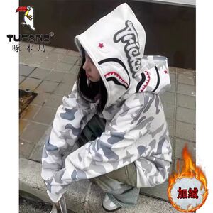 啄木鸟美式复古鲨鱼双帽迷彩连帽卫衣男女秋冬宽松拉链开衫外套潮