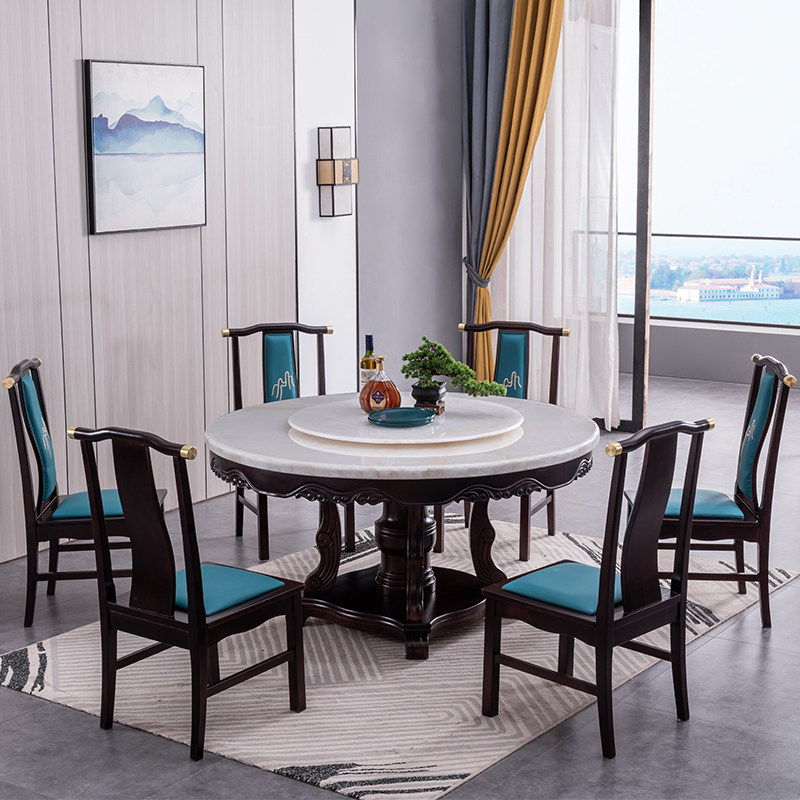 新中式天然大理石圆桌白色圆形桌面带转盘1.6米m8人家用实木餐桌