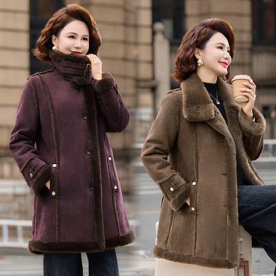 加绒加厚毛呢外套女2025新款秋冬小个子皮毛一体鹿皮绒中长款大衣