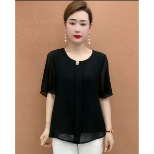 大码雪纺衫圆领T恤短袖新款宽松遮肉200斤喇叭袖妈妈装薄上衣女夏