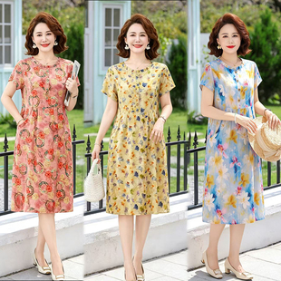 妈妈夏季棉绸连衣裙新款中年妇女短款花裙子中老年高腰显瘦口袋裙
