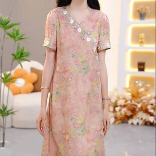 新中式 改良版 显瘦提花缎连衣裙2025新款 夏季 旗袍裙子 女装 妈妈夏装