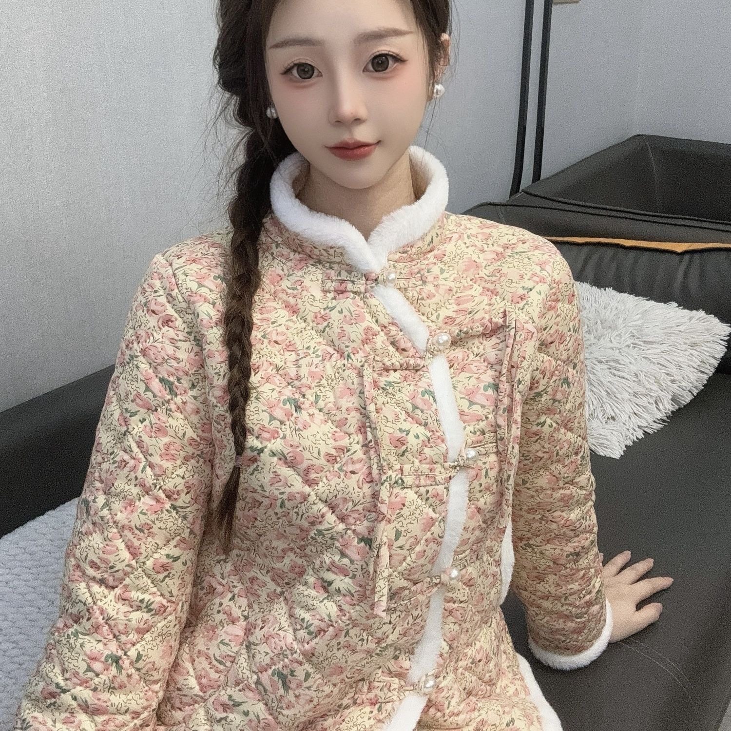 国风加绒加厚棉衣民族新款碎花冬季女大学生棉袄新年棉服保暖外套