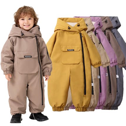 三层复合连帽加绒加厚滑雪服儿童连体衣外出服工作服2026冬季新款