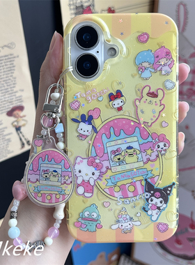 MMkeke复古ins日系萌物古早感闪粉黄色拓麻歌子挂件适用iPhone16promax双层imd手机壳14pro苹果15PM保护套13