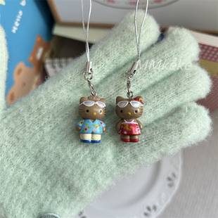 一起去度假~古早海滩夏威夷风黑皮猫咪手机链ccd相机情侣礼物挂件