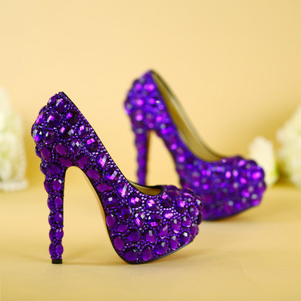高跟鞋紫色水钻镶钻手工水晶鞋新娘结婚鞋大码晚礼服成人礼鞋婚纱