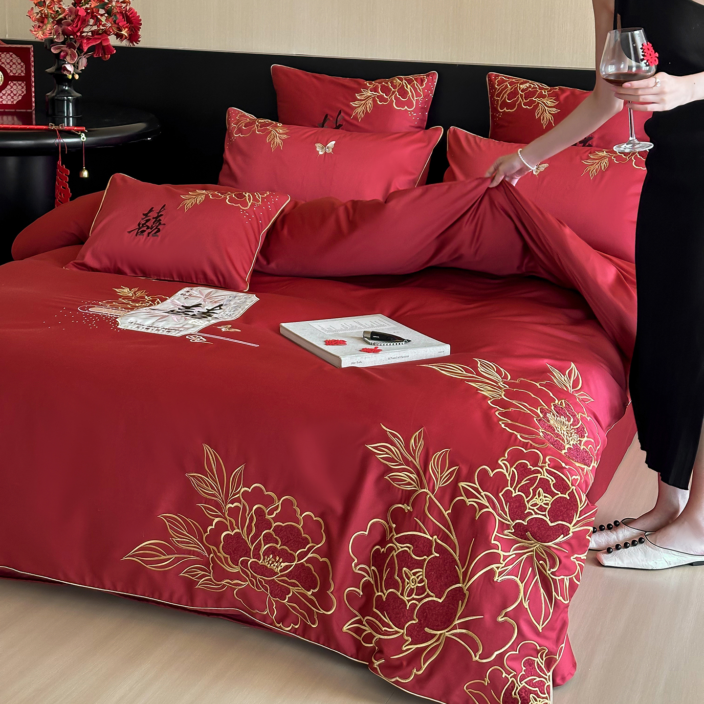 新中式轻奢刺绣花喜结婚庆全棉四件套100S纯棉红陪嫁娶床上喜被套
